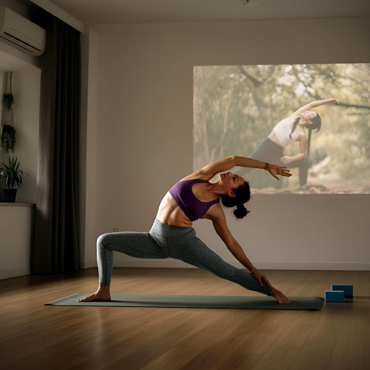 Woman doing yoga in front of a class projected on her living room wall