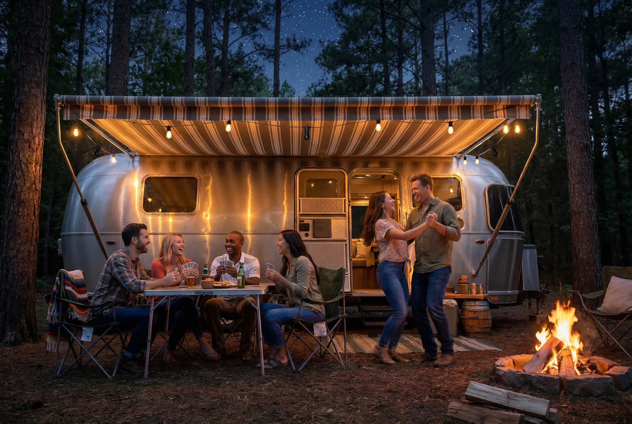 Friends playing cards and dancing outside an Airstream at a campsite at night